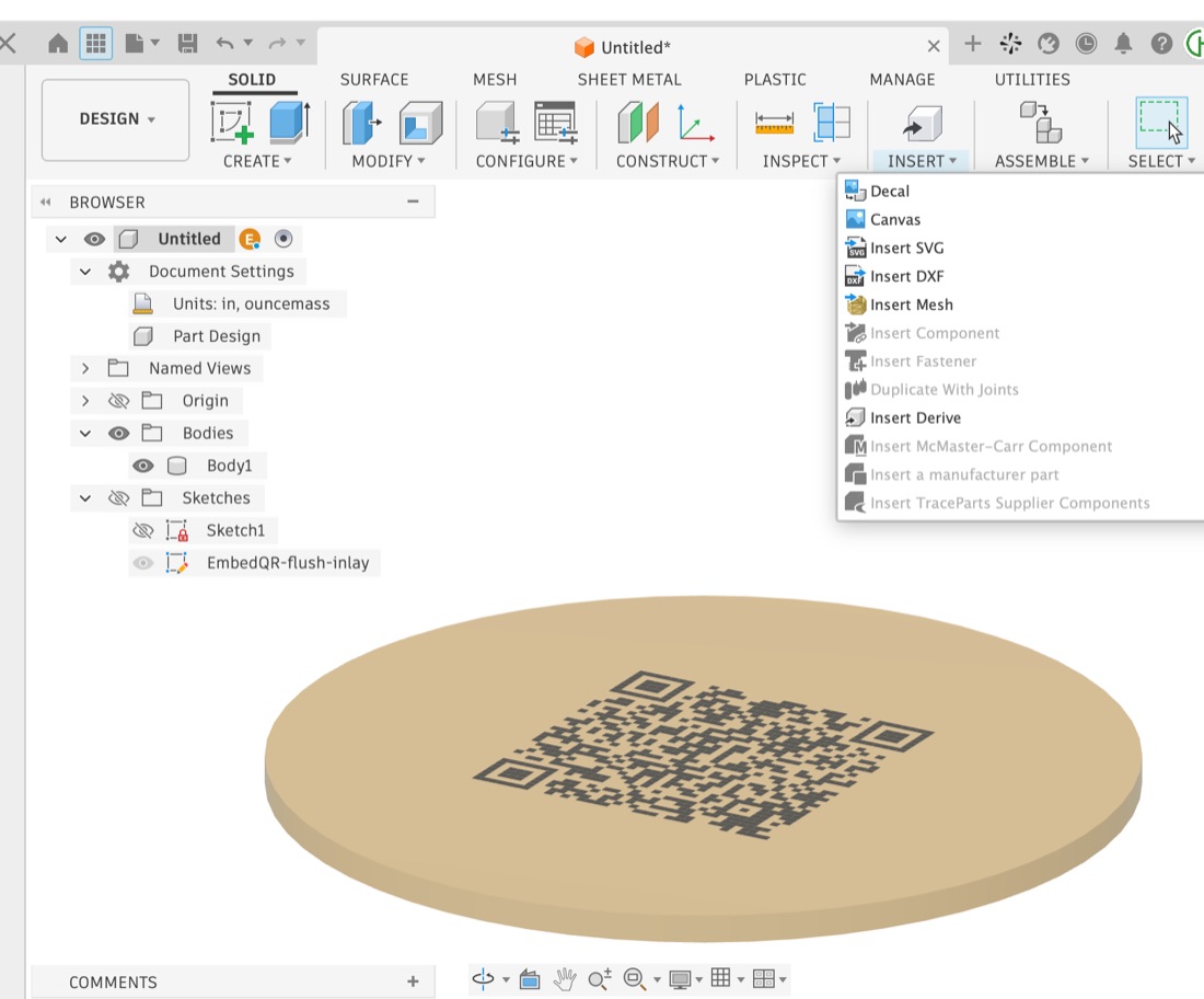 EmbedQR DXF inserted on a circular target face in Fusion 360